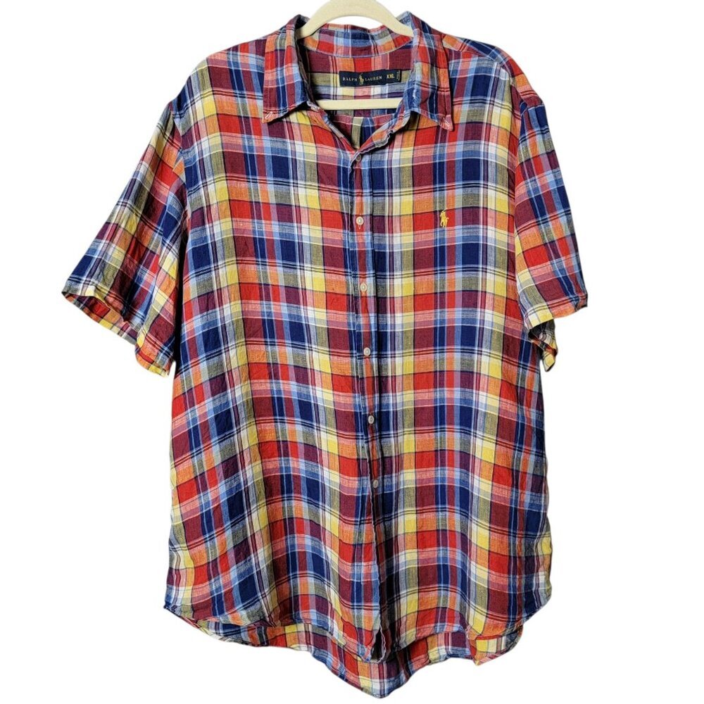Ralph Lauren Mens Multicolor Plaid Linen Short Sleeve Button Down Shirt XXL